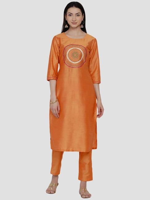 women republic orange cotton embroidered kurta pant set