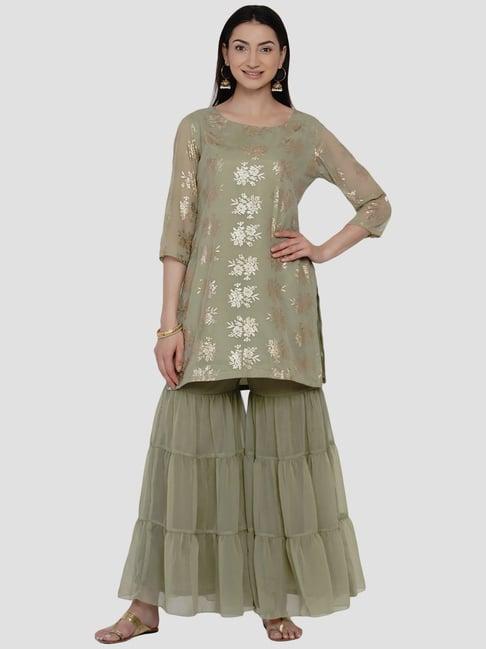 women republic green printed kurti sharara set