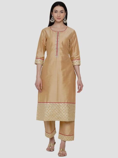 women republic golden cotton embroidered kurta palazzo set