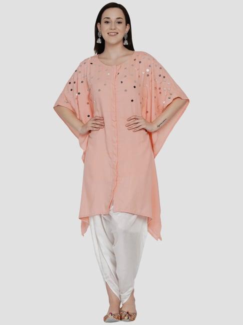 women republic peach & white embellished kaftan dhoti pant set