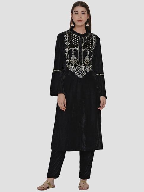 women republic black embroidered kurta pant set