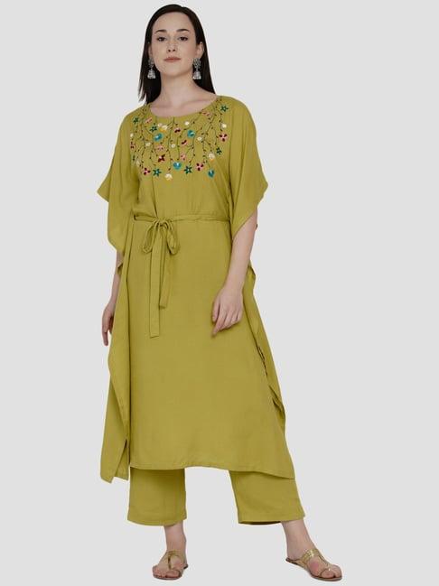 women republic green embroidered kaftan palazzo set