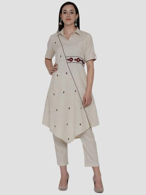 women republic off-white cotton embroidered kurta pant set