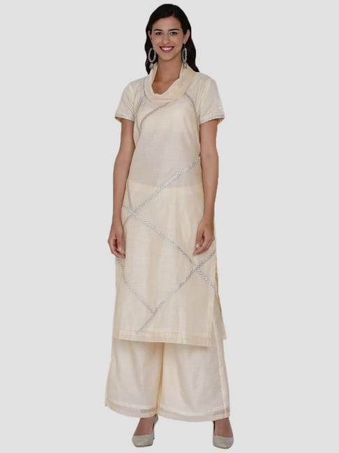 women republic beige embroidered kurta palazzo set