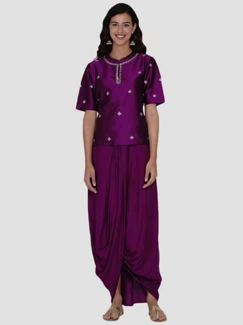 women republic purple embroidered kurti dhoti pant set