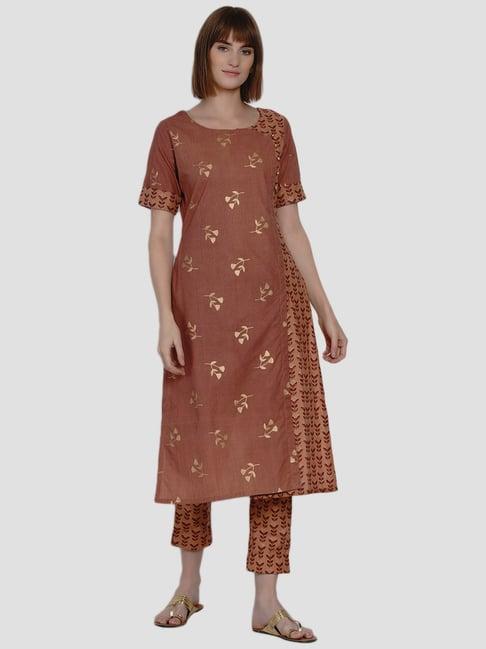 women republic brown cotton printed kurta pant set