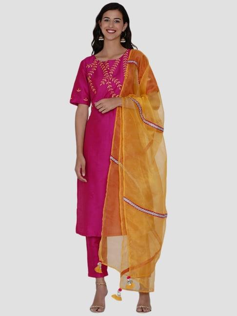 women republic pink cotton embroidered kurta pant set with dupatta