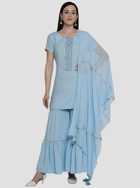 women republic blue embroidered kurti sharara set with dupatta