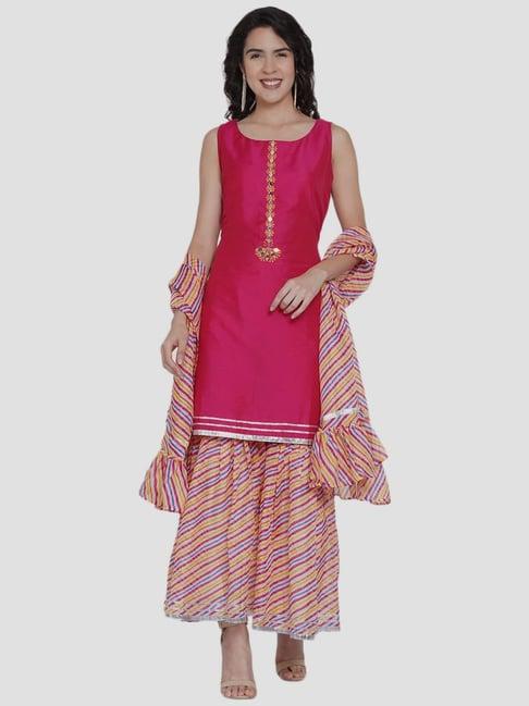 women republic pink cotton embroidered kurti sharara set with dupatta