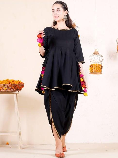 rustorange black dhoti peplum top set with tassels