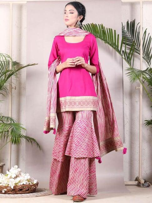 rustorange magenta & beige kurta ruffle pant set with dupatta