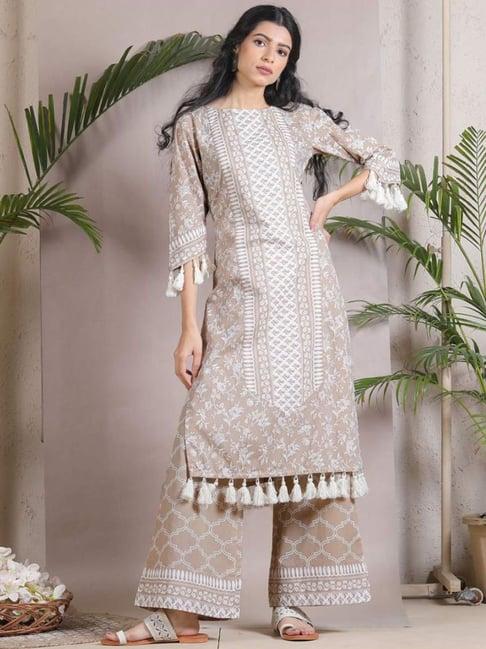 rustorange beige kurta palazzo set with tassel details