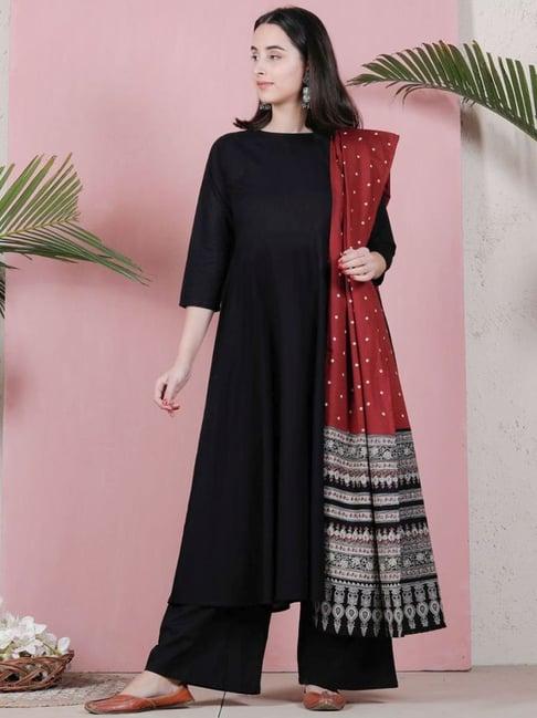 rustorange black flared kurta palazzo set with dupatta