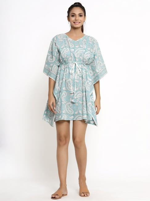 kipek blue cotton printed a-line dress