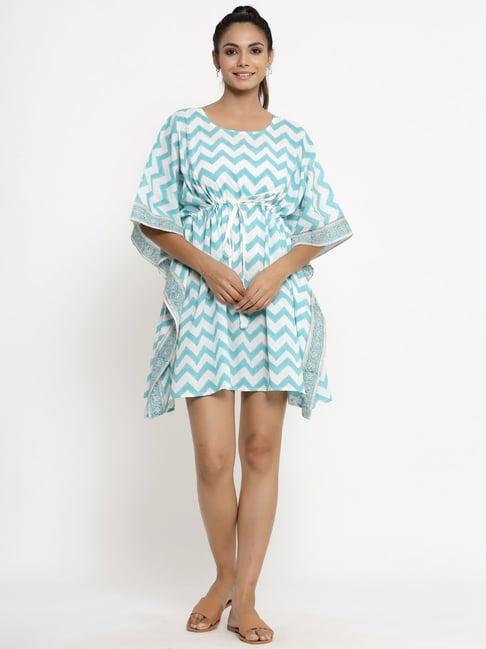 kipek white & blue cotton printed a-line dress