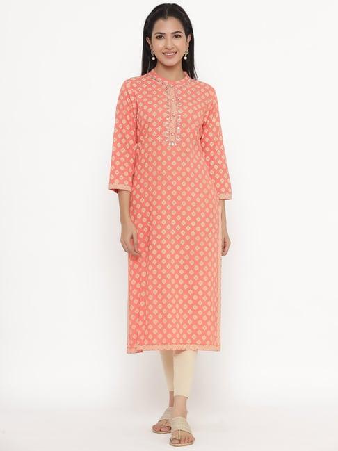 kipek peach printed straight kurta