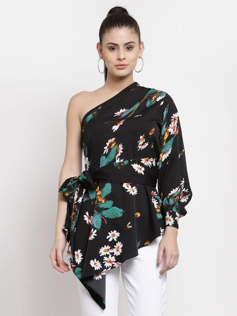 style quotient black printed one shoulder top