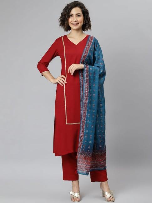 janasya maroon kurta pant set with dupatta