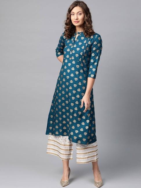 anubhutee blue & white printed kurta palazzo set