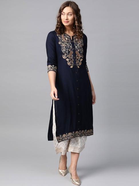 anubhutee navy & white embroidered kurta palazzo set