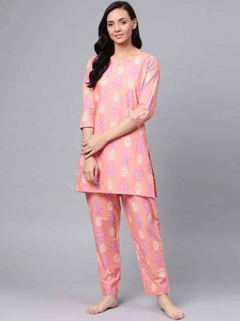 anubhutee peach printed kurti pyjama set