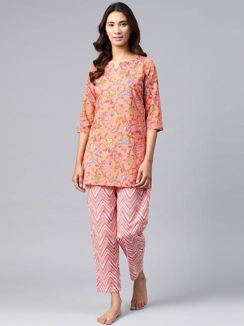 anubhutee peach printed kurti pyjama set