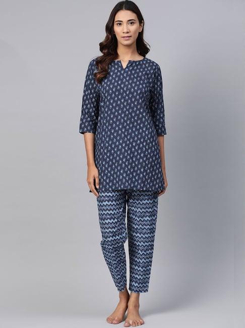 anubhutee navy printed kurti pyjama set