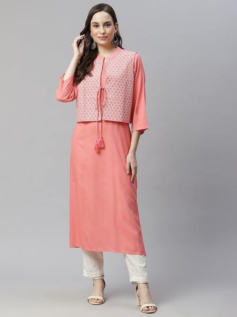 readprint peach embroidered kurta with jacket