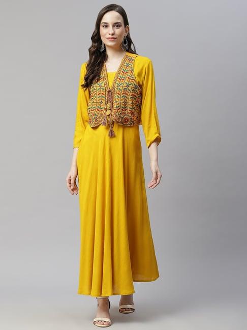 readprint yellow embroidered kurta with jacket