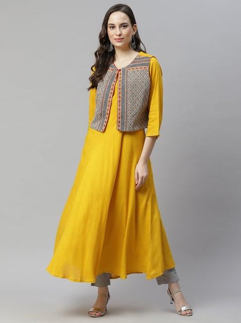 readprint mustard embroidered kurta with jacket