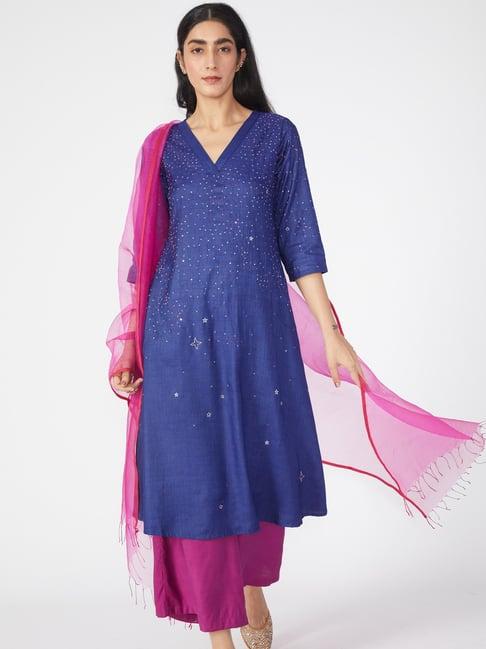 okhai purple embroidered kurta & pant with dupatta set