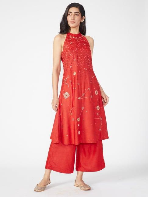 okhai red embroidered kurta & pant with dupatta set