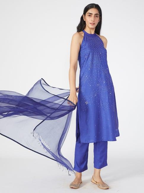 okhai blue embroidered kurta & pant with dupatta set