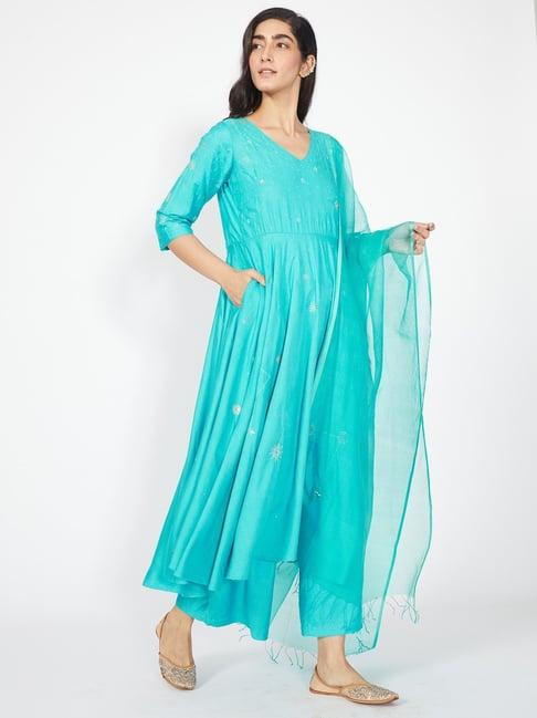 okhai blue embroidered kurta & pant with dupatta set