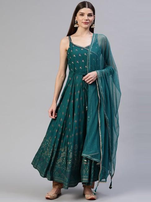 divena teal blue embroidered a line kurta with dupatta & belt