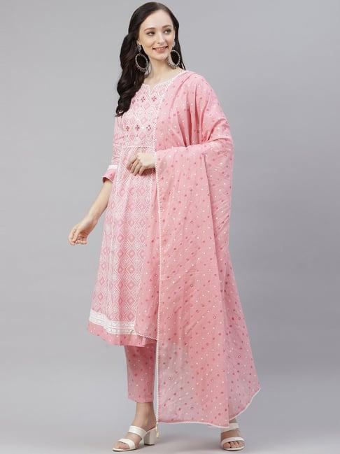 divena pink cotton embellished kurta pant set with dupatta