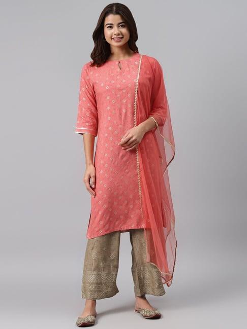 gerua pink & beige printed kurta pant set with dupatta