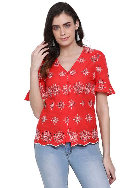 oxolloxo red cotton embroidered top