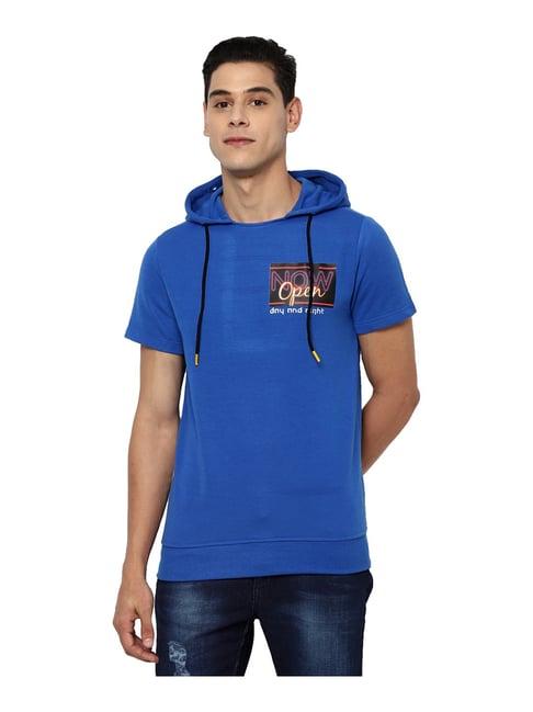 forever 21 blue regular fit printed hooded t-shirt