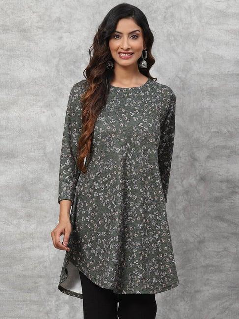 biba green floral print a line kurti