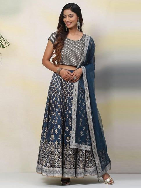 biba blue printed lehenga choli set with dupatta