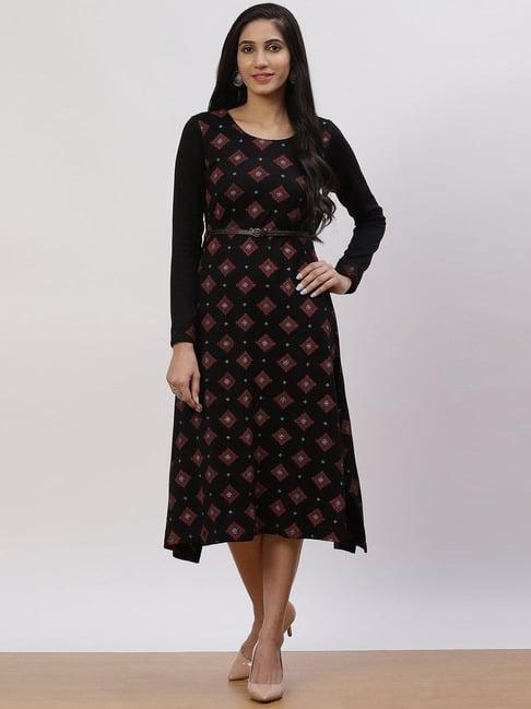 rangriti black printed a-line dress