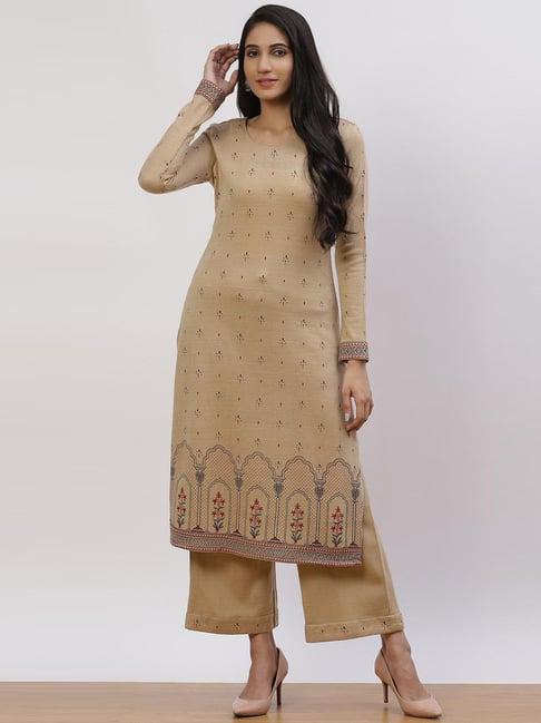 rangriti beige printed kurta palazzo set