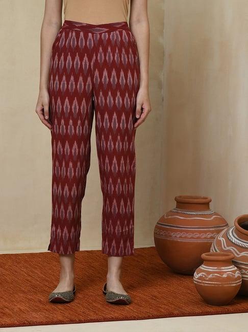 fabindia maroon & grey cotton printed pants