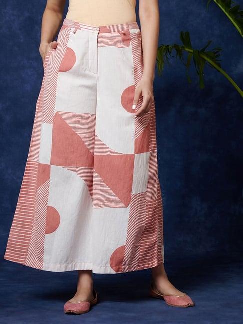 fabindia white & pink printed culottes