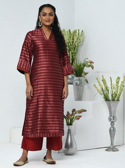 fabindia maroon striped straight kurta