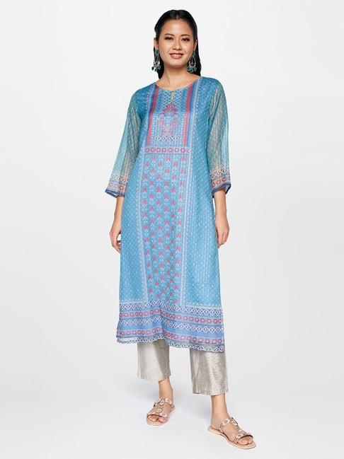 global desi teal floral print kurta