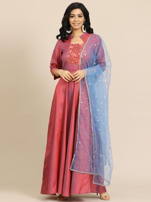 saadgi peach embellished a line kurta with dupatta