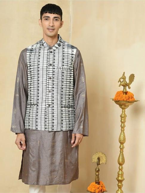 fabindia grey slim fit printed nehru jacket