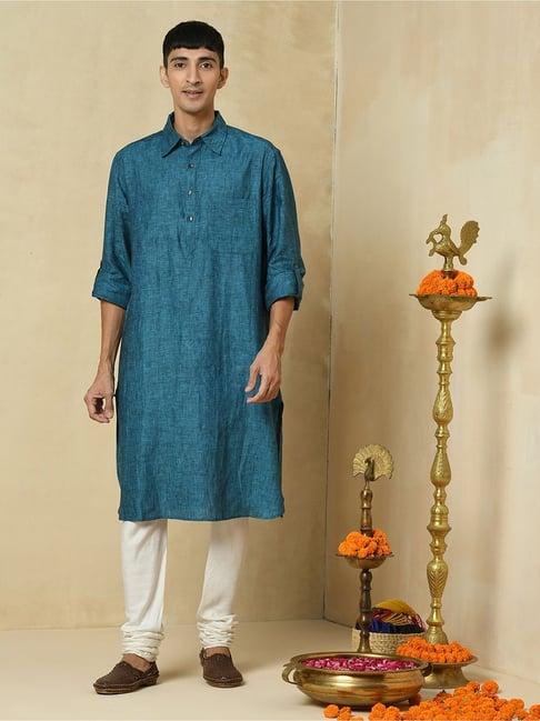 fabindia blue linen regular fit pathani kurta